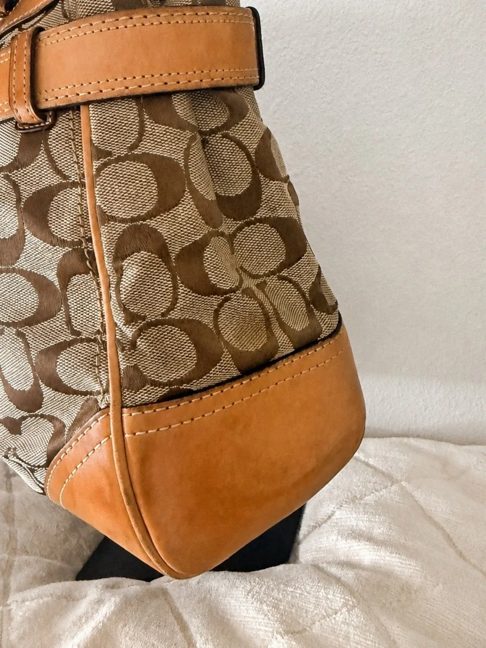 Vintage Y2K Coach Hamptons 8K07 Signature Jacquard Carryall Tote Tan Leather